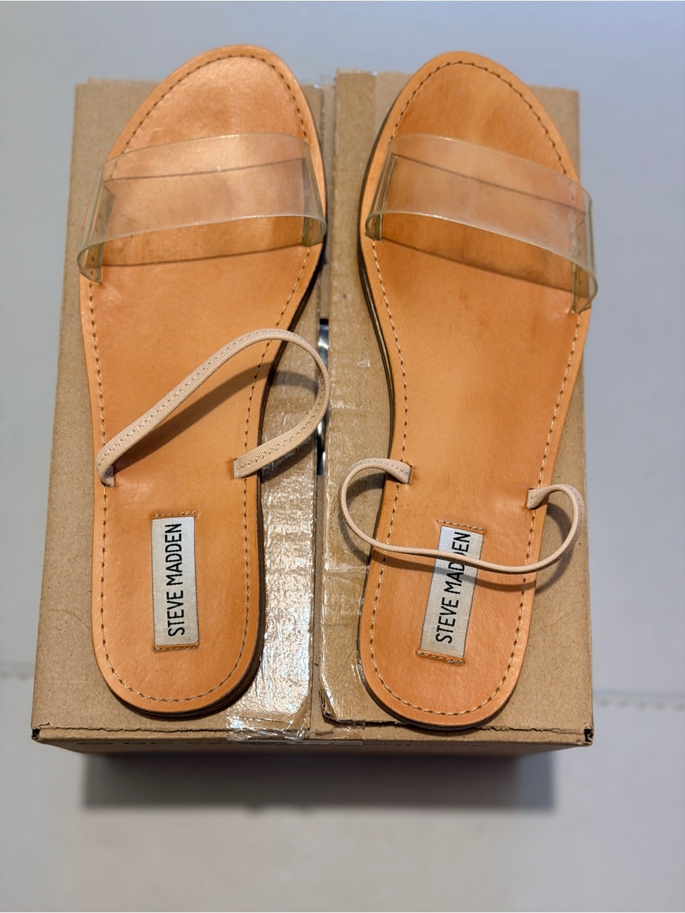 Steve Madden Nude Leather Slide Sandals with Clear Straps